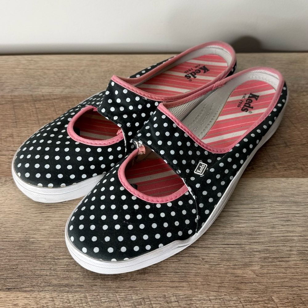 Keds Black Polka Dot Mary Jane Mules with Pink Trim - Picture 6 of 13